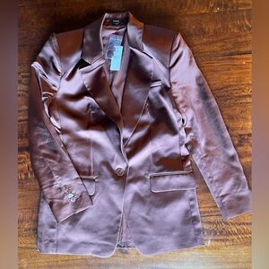 NWT Express Women’s Size Small Brown Satin One Button Cinched Boyfriend Blazer